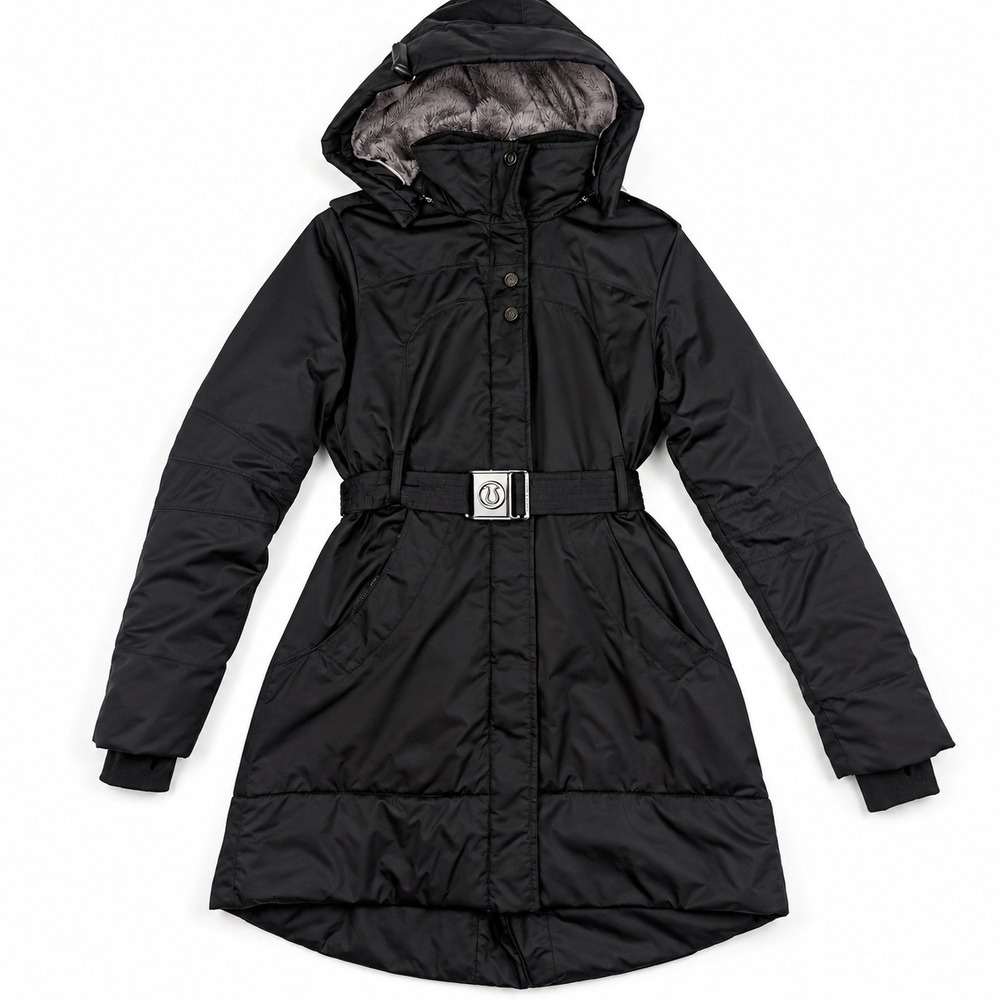 Lululemon Athletica Belted Hooded Parka Jacket Women Black Insulated Thumbholes